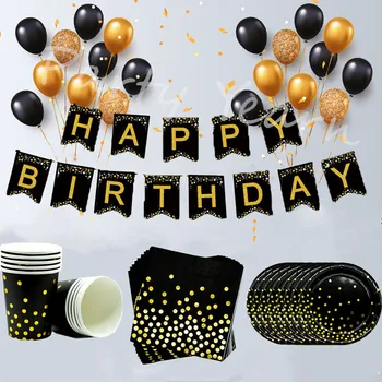 63 szt. czarne złoto Dot Бронзируя papieru jednorazowe naczynia zestaw Urodzinowe dekoracje na imprezy dla dzieci dla dorosłych 30/40-th partii dostawy