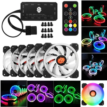 6szt 120mm Computer PC Cooler Cooling Fan Double CPU Cooler Ring RGB Adjust LED Fan With Remote Control 366 trybów dla procesora