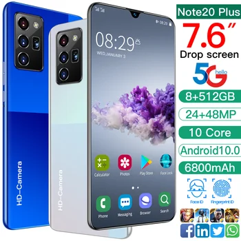 7,3-calowy pełny ekran smartphone Note20 Plus 8-rdzeniowy 128/256 GB Android 10 Face ID Dual Camera 5G Network Smart Mobile Cell Phone