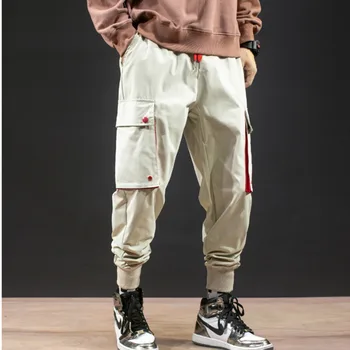 #7513 Czarny Khaki Fioletowe Spodnie-Cargo Mężczyźni Bawełna Hip-Hop Spodnie Meble Ołówek Spodnie Z Bocznymi Duże Kieszenie, Elastyczna Talia
