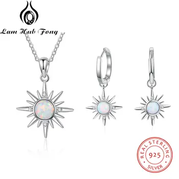 925 srebro biżuteria zestawy dla kobiet, 925 srebro, Słońce wisiorek naszyjniki i kolczyki hoop z białym opalem kamień (Lam Hub Fong)
