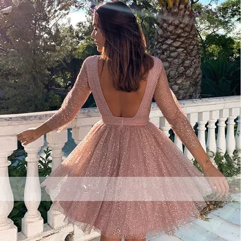 A-силуэтные krótkie suknie wieczorowa 2020 z okrągłym dekoltem i długim rękawem, błyszczące suknie wieczorowa z odkrytymi plecami kolan suknie wieczorowa sukienka
