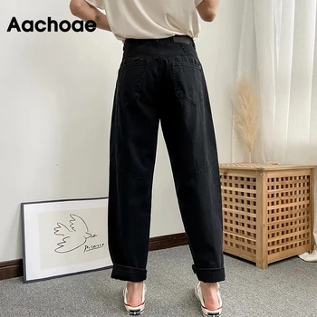 Aachoae Moda Mama Dżinsy Kobiety Wysokiej Talii Spodnie-Cargo Temat Kieszenie Stałe Dżinsowe Spodnie Na Zamek Fly Długie Dżinsy Damskie Dna