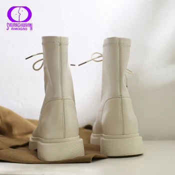 AIMEIGAO Jesień-Zima modne buty Martin z wołowej skóry damskie 2020 do szycia patchwork buty Damskie botki na platformie z sznurowanie Biały