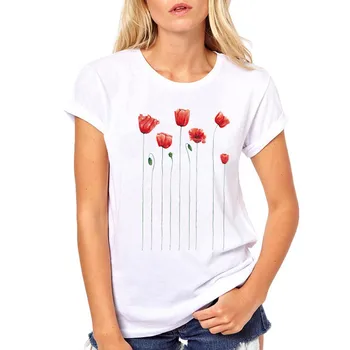 Akwarela maki kwiaty drukowane białe koszulki letnie хипстерские Damskie koszulki codzienne słodkie topy t-shirty z krótkim rękawem dla dziewczynek