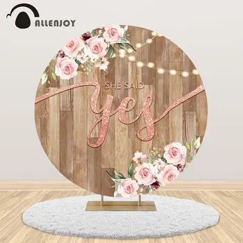 Allenjoy wedding photocall boda round party background flower rose wood she said yes customize background circle cover banner