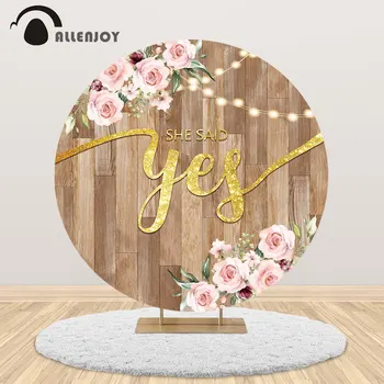 Allenjoy wedding photocall boda round party background flower rose wood she said yes customize background circle cover banner