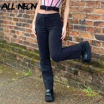 ALLNeon Indie Black Przeplotem Slim Y2K Pants E-girl Vintage High Waist Straight Pants 90s Fashion Streetwear Casual Pants Fall