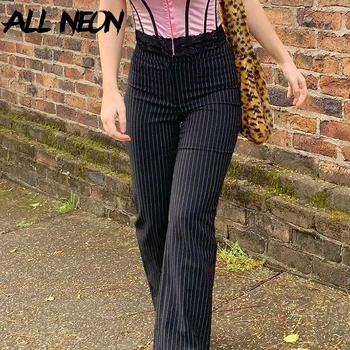 ALLNeon Indie Black Przeplotem Slim Y2K Pants E-girl Vintage High Waist Straight Pants 90s Fashion Streetwear Casual Pants Fall
