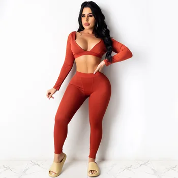 ANJAMANOR Sexy Knitted Two Piece Women Sets Deep V Backless Crop Top Pants and Lounge Wear dres wiosenne stroje D42-DA31