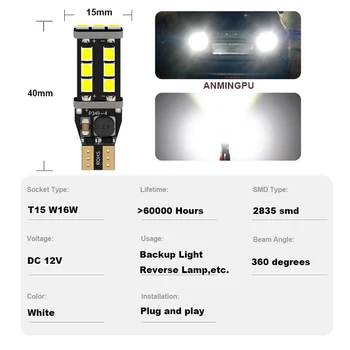 ANMINGPU 2X lampka ostrzegawcza LED T15 921 912 15SMD 2835 chipy W16W T15 Led 6000k rezerwowy światła samochodu zwrotny światło parkowania lampa Biały