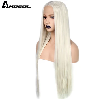 Anogol Long Natural Straight White Blonde Glueless High Temperature Fiber Middle Part Syntetyczne Koronki Peruki Dla Kobiet