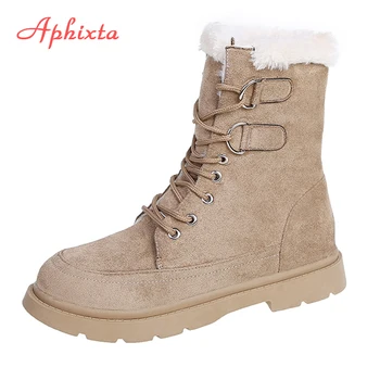 Aphixta 3 cm zamszowe zimowe wodoodporne, zimowe buty dla kobiet na szyję ciepłe pluszowe buty Damskie buty Martens dla kobiet Botas Mujer