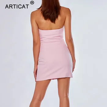 Articat Pink Collared Halter Dress Women Głębokie V Szyi Backless Buttons Bodycon Mini Elegant Dress Party Summer Dress Vestidos