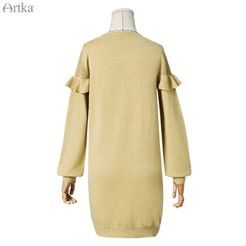 ARTKA 2019 Jesień-Zima nowe sukienki damskie-swetry, eleganckie potargane dzianiny wełniane sukienki-swetry z okrągłym dekoltem sukienka-sweter LB10098Q