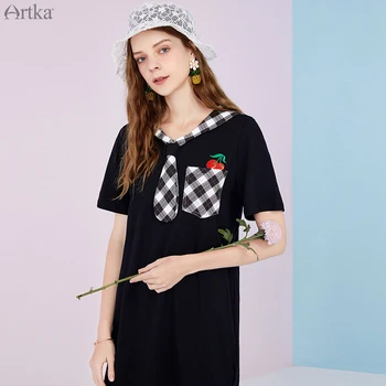 ARTKA 2020 Summer New Women Dress Fashion Cherry Embroidery T-shirt Dress Pure Cotton Plaid Sailor Collar Black Dress ZA25202X