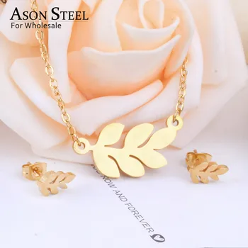 ASONSTEEL Gold Color The Wedding Leaf Jewelry Set for Women 2019 316L ze stali nierdzewnej naszyjnik wisiorek mały kolczyk-goździków