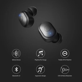 AUSDOM TW01 TWS Bezprzewodowe słuchawki Bluetooth 20H Playtime CVC8.0 redukcja szumów 8 mm głośnik bezprzewodowy zestaw słuchawkowy z podwójnym mikrofonem