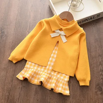 Baby Girl Fashion Clothing Dress Śliczne Bow Sweaters+plaid Dress girls Baby Christmas Clothes Sets Children Birthday Party Set