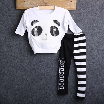 Baby Girls Sets Super Cute Panda SequinsT-shirt topy+pasiaste legginsy spodnie Sweet Girls casual Odzież