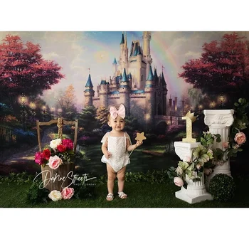 Bajkowy zamek tematu tło dla dzieci Urodziny portret studio fotograficzne zdjęcia tła Tęcza ozdoby z kwiatów