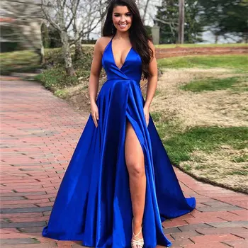 Bal suknie wieczorowe vestido de noiva sereia sukienka robe de soiree vestido novia playa royal blue sexy side slit lace-up