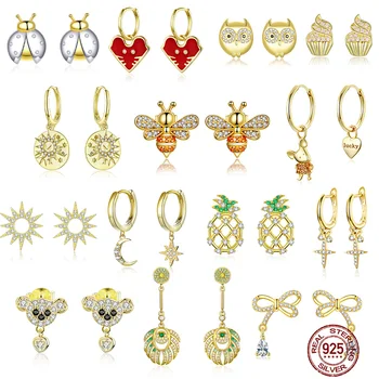 Bamoer GXE785 925 srebro elegancki Złoty Bee Bear gwiazda krzyż hoop kolczyki damskie wykwintne biżuteria biżuteria dla alergików