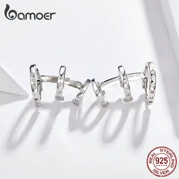 BAMOER ucha mankiet prawdziwa 925 srebro punk Tirple koło hoop kolczyki dla kobiet ucha klipy eleganckie biżuteria BSE085