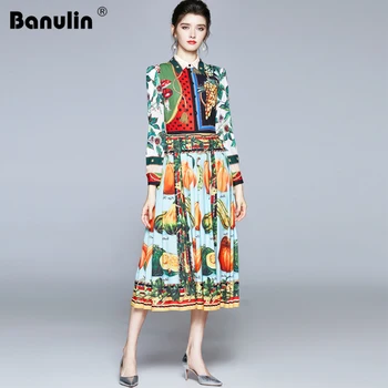 Banulin Pas Droga Startowa Projektant Mody Owoce Warzywa Wydruku Sukienka 2020 Jesień Kobiety Z Długim Rękawem Vintage, Sukienki, Koszule