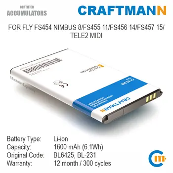 Bateria 1600mAh FLY FS454 NIMBUS 8/FS455 11/FS456 14/FS457 15/TELE2 MIDI (BL6425/BL-231)