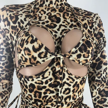 Beyprern Piękne Leopard Druku Bodycon Kombinezony Damskie Kombinezony Nowy Elegancki Drążą Długie Spodnie Obcisłe Kombinezony Klubowe Stroje