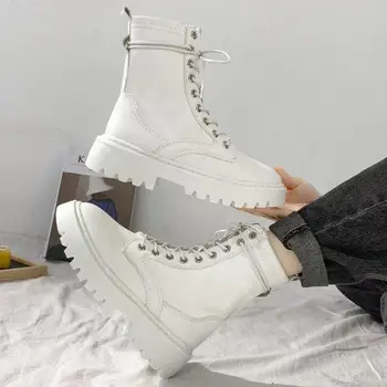 Białe botki Damskie 2020 Modne jesienne gumowe podeszwy buty bojowe punk buty na platformie czarne botki dla kobiet