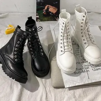 Białe botki Damskie 2020 Modne jesienne gumowe podeszwy buty bojowe punk buty na platformie czarne botki dla kobiet