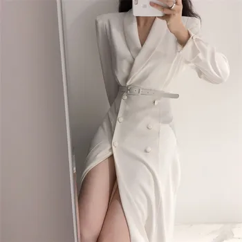 Biuro Lady marynarka sukienka kobiety koreański czarny biały dwurzędowy z paskiem Jesień Zima suknia wieczorowa elegancki Vintage 2020 B430