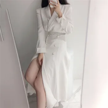 Biuro Lady marynarka sukienka kobiety koreański czarny biały dwurzędowy z paskiem Jesień Zima suknia wieczorowa elegancki Vintage 2020 B430