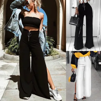 BKLD kobiety wysokiej talii Spodnie Split szerokie spodnie zapinane na zamek spodnie Damskie 2019 lato Uliczna moda czarny biały spodnie kobiety