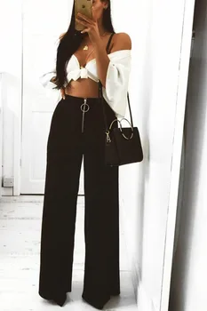 BKLD kobiety wysokiej talii Spodnie Split szerokie spodnie zapinane na zamek spodnie Damskie 2019 lato Uliczna moda czarny biały spodnie kobiety