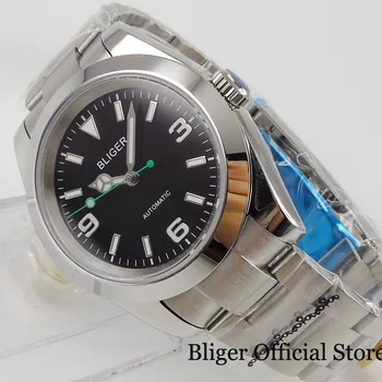 BLIGER automatyczne męskie zegarek Japan NH35 MIYOTA 8215 Green Second Hand Brushed Oyster pasek płaskie szafirowe szkło widok z tyłu