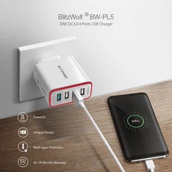 BlitzWolf 4 porty QC3.0 Quick Charge EU Plug LED Light 30W 2.4 A USB Travel Wall Charger Power3S dla iPhone Android For N-Swich