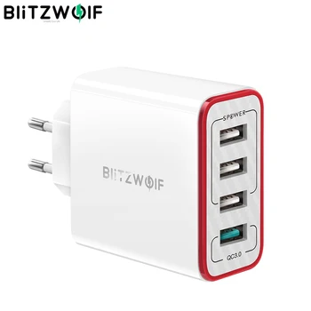 BlitzWolf 4 porty QC3.0 Quick Charge EU Plug LED Light 30W 2.4 A USB Travel Wall Charger Power3S dla iPhone Android For N-Swich
