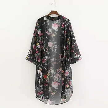 Bluzki damskie 2019 kimono sweter dwa kolory szyfon kwiaty, biała i czarna bluzka koszula Chemisier Femme