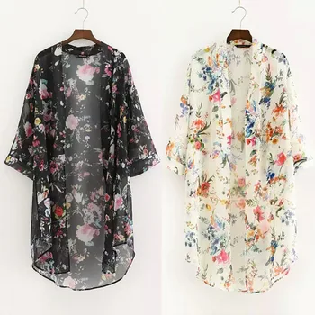 Bluzki damskie 2019 kimono sweter dwa kolory szyfon kwiaty, biała i czarna bluzka koszula Chemisier Femme