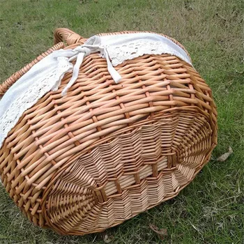 BMBY-wiklinowy kosz ręcznie z uchwytem, wiklina turystyczne kosz piknikowy z dwoma pokrywami, kosz do przechowywania zakupów z skrzepłą