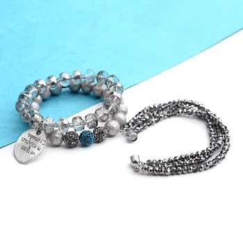 BOJIU Vintage Grey Clear Crystal Charm Bracelet Round Silvery Label Bracelet For Women New Bracelets Set Femme Jewelry BCSET109