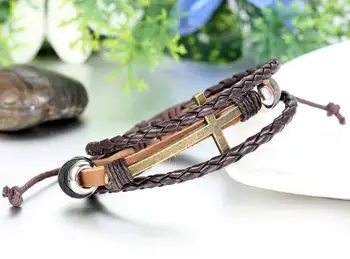 BONISKISS vintage, skórzane bransolety i bransoletki metalowy krzyż Jezus bransoletka czarny brązowy kolor regulowane mężczyźni kobiety biżuteria