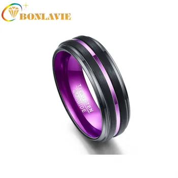 BONLAVIE 7-12 8 mm ocynkowane czarne matowe wykończenie fioletowy bibuły krok mały skos węglik wolframu mężczyzna pierścionek ślubne biżuteria mężczyzna