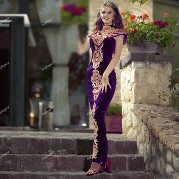Bordowe Suknie Wieczorowe Syrena Marokańska Kaftan Bez Wymiennego Linii Złote Aplikacje Robe De Soiree Celebrity Vestidos Fiesta