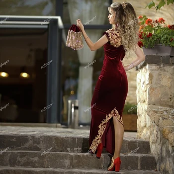 Bordowe Suknie Wieczorowe Syrena Marokańska Kaftan Bez Wymiennego Linii Złote Aplikacje Robe De Soiree Celebrity Vestidos Fiesta