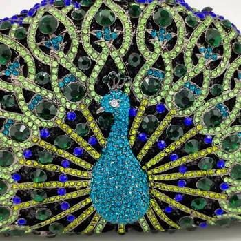Boutique De FGG Green Crystal Women Peacock Clutch Evening Party Bag Minaudiere torebka ślubne kopertówki ślubne diamentowy portfel