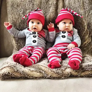 Boże narodzenie noworodek chłopcy dziewczęta świąteczne suwaki kapelusze 2szt kreskówka druku w paski długi rękaw bawełna odzież jesienna